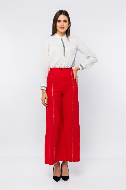 Picture of Woman Red Zipper Detailed Loose Trousers