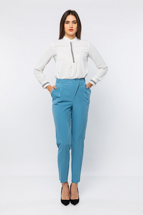 Kadın Mavi Çift Düğmeli Ofis Pantolon resmi