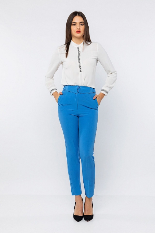 Kadın Mavi Beli Katlamalı Ofis Pantolon resmi