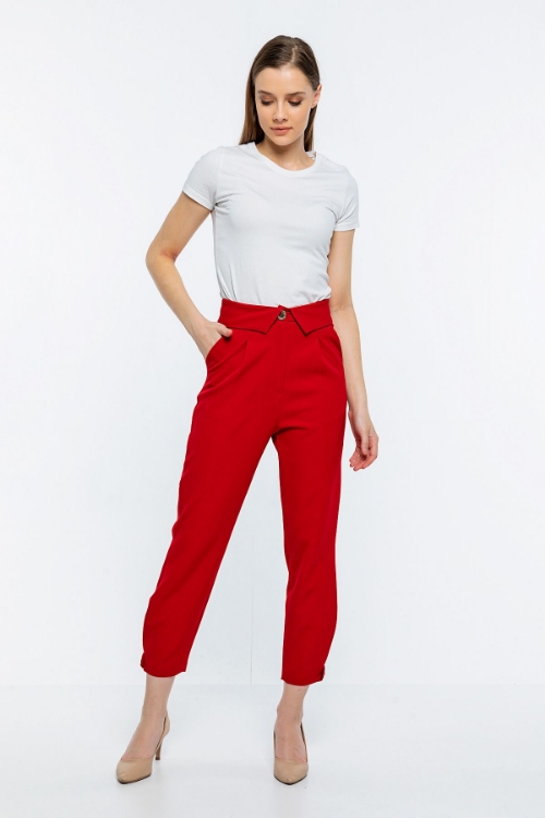 Picture of Woman Red waist folded trotter Buttoned Trousers