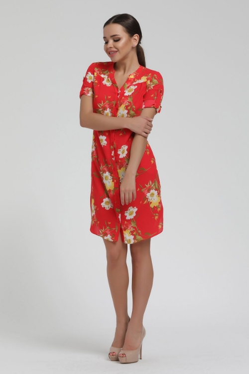 Picture of Woman Coral flower Printed Shirt Dress