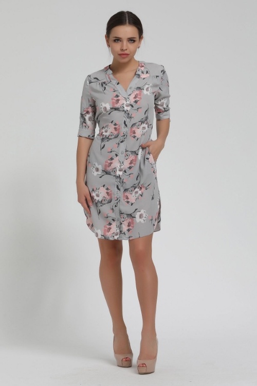 Picture of Woman Grey flower Printed Shirt Dress