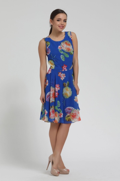 Picture of Woman Blue flower Printed Midi Dress