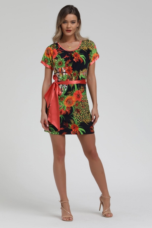 Picture of Woman Green flower Patterned Belted Mini Dress