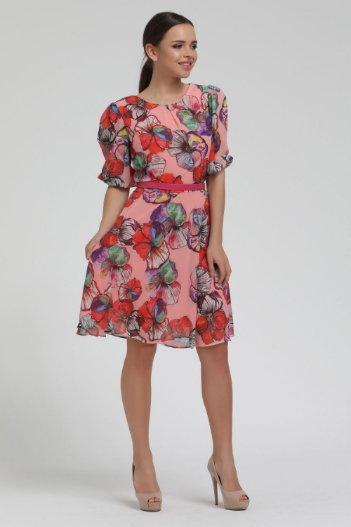 Picture of Woman Pink flower Patterned Chiffon Short Dress