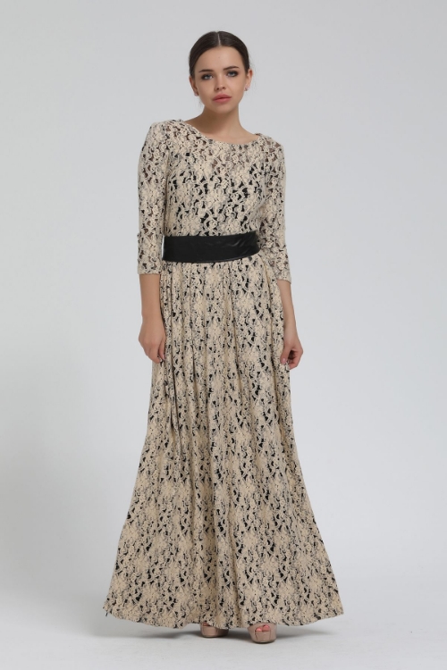 Picture of Woman Beige Lace Detailed Long Maxi Dress