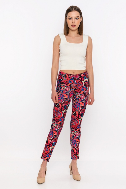 Picture of Woman Fuchsia Skinny Trotter Patterned High Waist Trousers