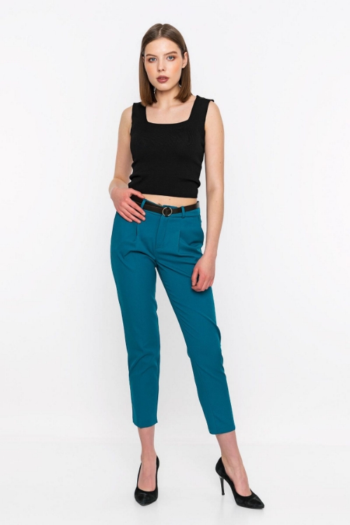 Picture of Woman Petroleum Petroleum Green Skinny Trotter Belt Detayli High Waist Trousers
