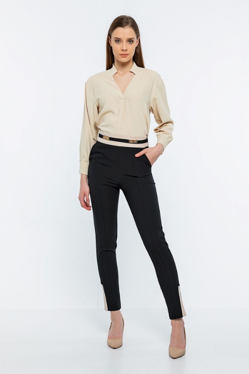 Kadın Siyah Dar Paça Yüksek Bel İki Renk Pantolon resmi