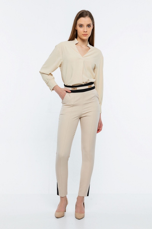 Kadın Bej Dar Paça Yüksek Bel İki Renk Pantolon resmi