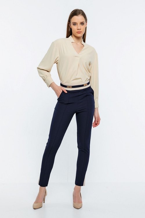 Kadın Lacivert Dar Paça Yüksek Bel İki Renk Pantolon resmi