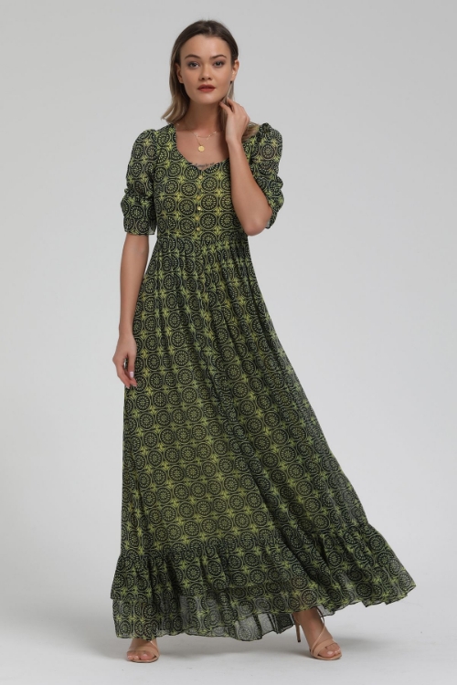Picture of Woman Green Patterned Long Maxi Dress
