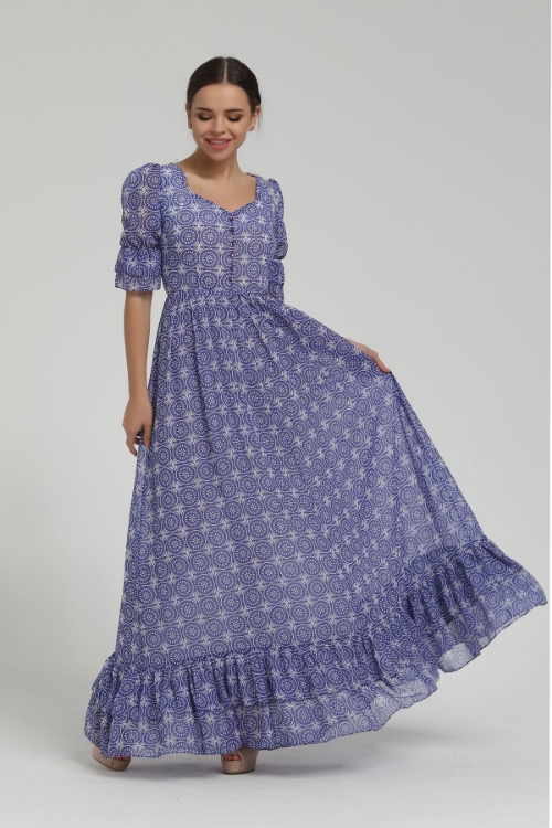 Picture of Woman Blue Patterned Long Maxi Dress