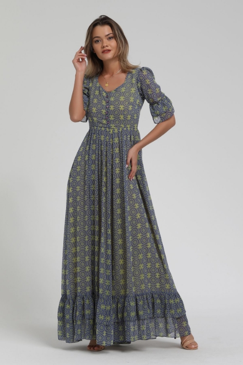 Picture of Woman Light Green Patterned Long Maxi Dress