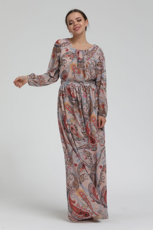 Picture of Woman Salmon Patterned Long Maxi Dress