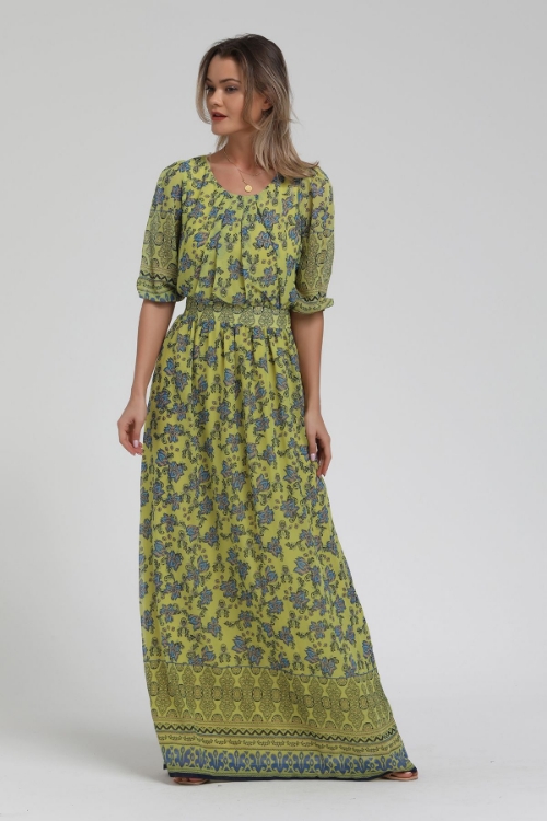 Picture of Woman Light Green Patterned Long Maxi Dress