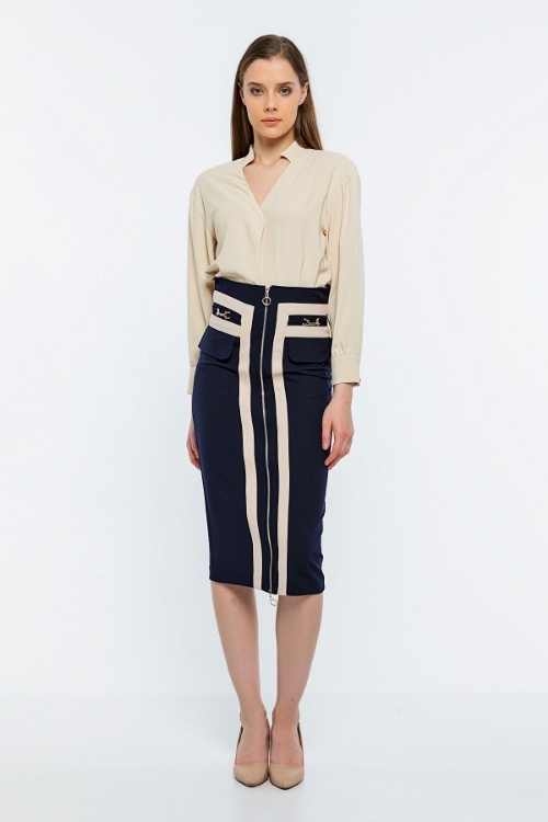 Picture of Woman Navy Navy Blue Knee Length Zipper Detailed Classical Skirt