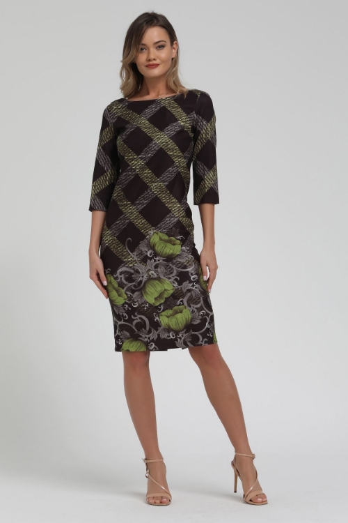Picture of Woman Green - Black skirt flower Patterned Boat Neck Short Dress