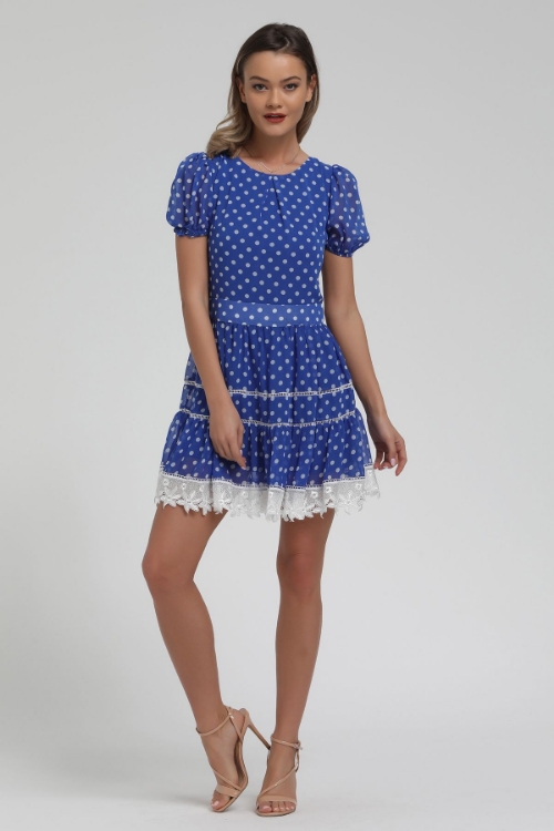 Picture of Woman Blue skirt Lace embroidered Polka Dot Mini Dress