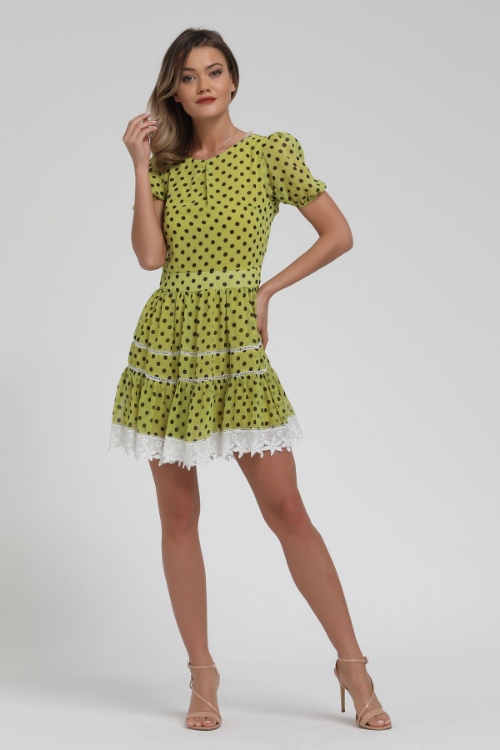 Picture of Woman Green skirt Lace embroidered Polka Dot Mini Dress
