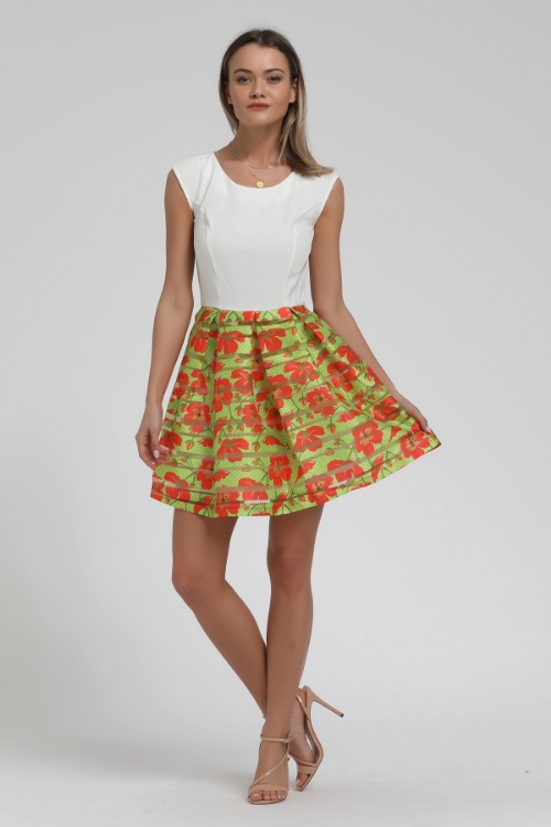 Picture of Woman Green - White skirt Patterned Pleated Mini Dress