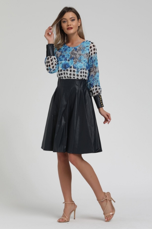 Picture of Woman Blue - Black skirt Pleated Leather looking Dress