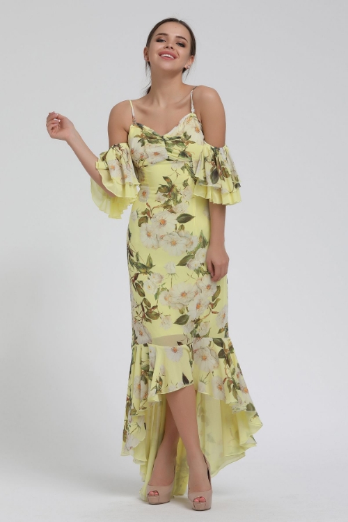 Picture of Woman Yellow skirt And handles Ruffle Strap Long Maxi Chiffon Dress