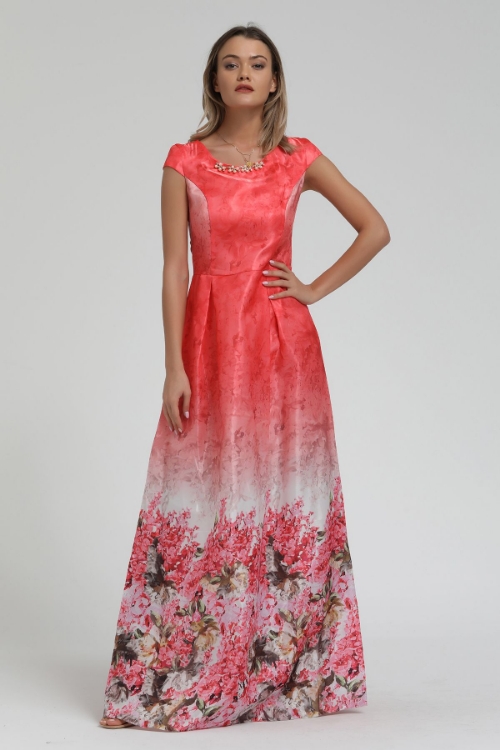 Picture of Woman Pink Skirt Partial flower Patterned Long Maxi Dress