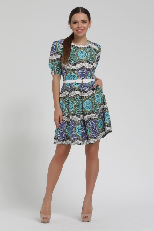 Picture of Woman Blue - Green Ethnic Patterned Watermelon Sleeve Short Dress