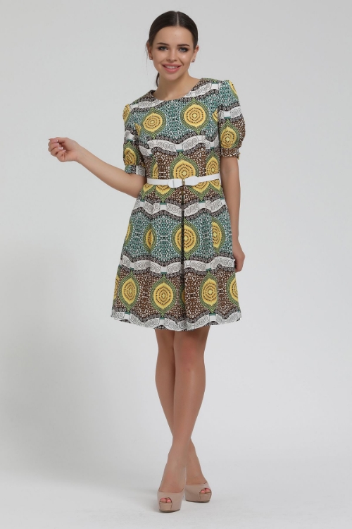 Picture of Woman Green Ethnic Patterned Watermelon Sleeve Short Dress