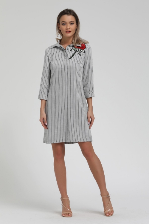 Picture of Woman Grey Shirt Neck Striped Mini Dress
