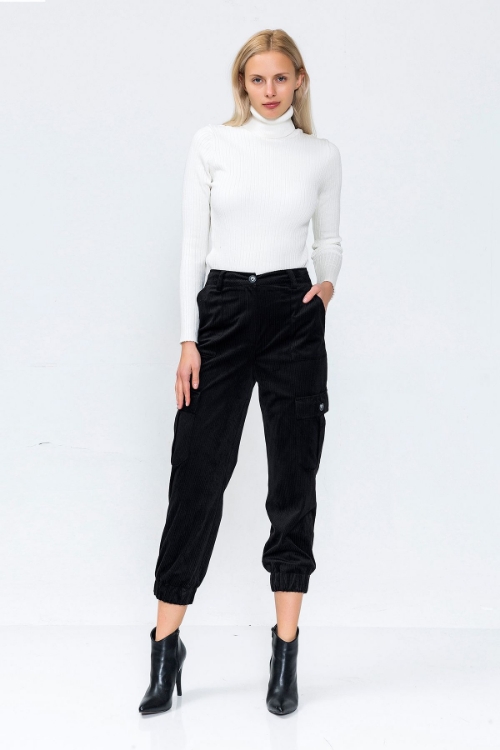 Picture of Woman Black Velvet Cargo Trousers