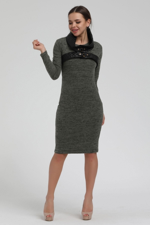 Picture of Woman Anthracite Leather Neck Detailed Knitwear Dress