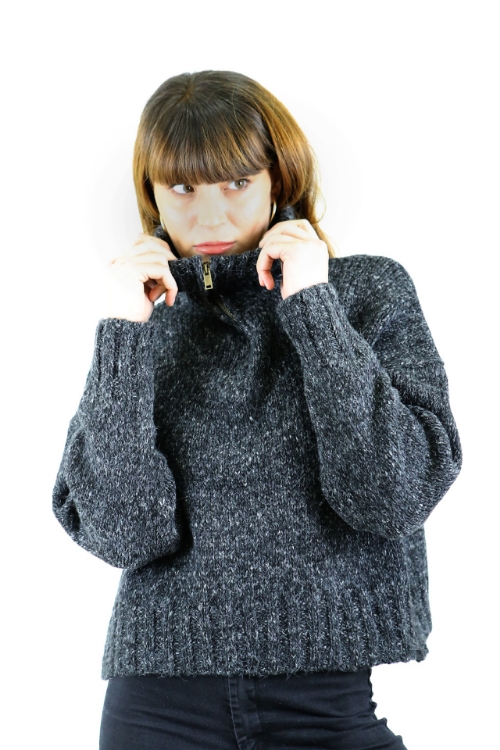 Picture of Woman Anthracite Zipped Neck Short Woollen Knitwear Pullover