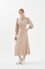 Kadın Bej Keten Kemerli Uzun Gömlek Elbise resmi