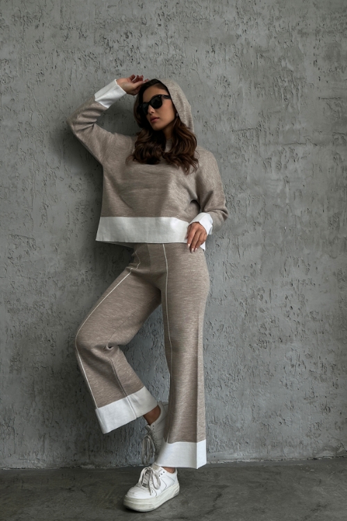 Picture of Woman Beige TKM0193 Yumuşak Textured Hooded Trousers sweatshirt Knitwear Suit