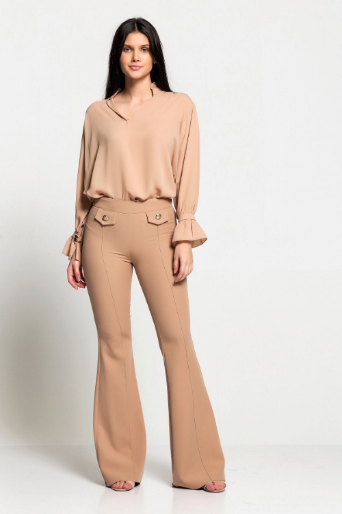 Picture of Woman Beige High Waist Pocket Detailed Flare Trotter Trousers