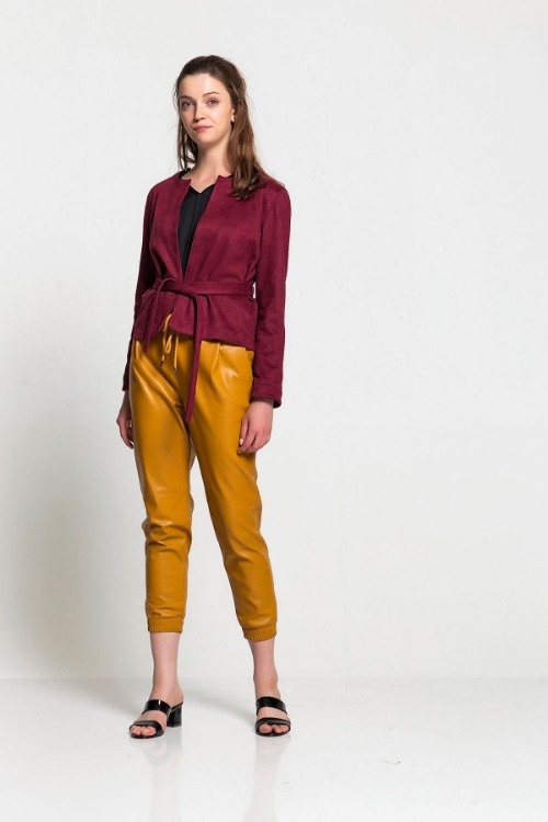 Picture of Woman Bordeux Maroon Waist Belted Suede Jacket