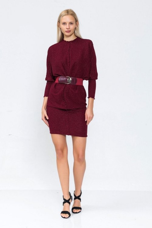 Picture of Woman Bordeux Maroon Silvery Knitwear Belted Dress