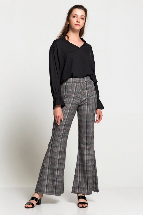 Picture of Woman Grey Flare Trotter High Waist Plaid Trousers
