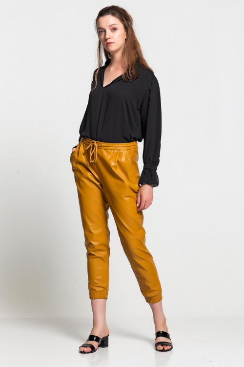 Picture of Woman Mustard Mustard Yellow drawstring Comfortable Cut Leather Trousers