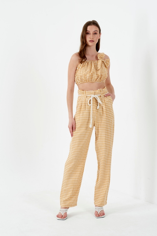 Picture of Woman Mustard Mustard Yellow SDR338 Plaid Crop Blouse Trousers Suit