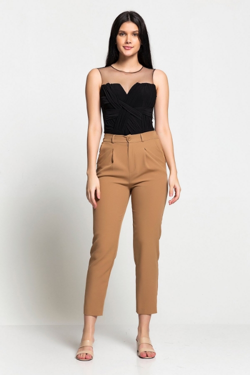 Picture of Woman Brown High Waist Buttoned Comfortable Cut Trousers