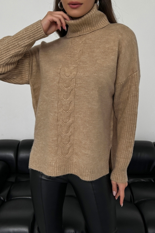 Picture of Woman Brown Yumuşak Textured side Slit turtleneck Knitwear Pullover