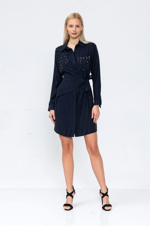 Picture of Woman Navy Navy Blue Belted Comfortable Dress