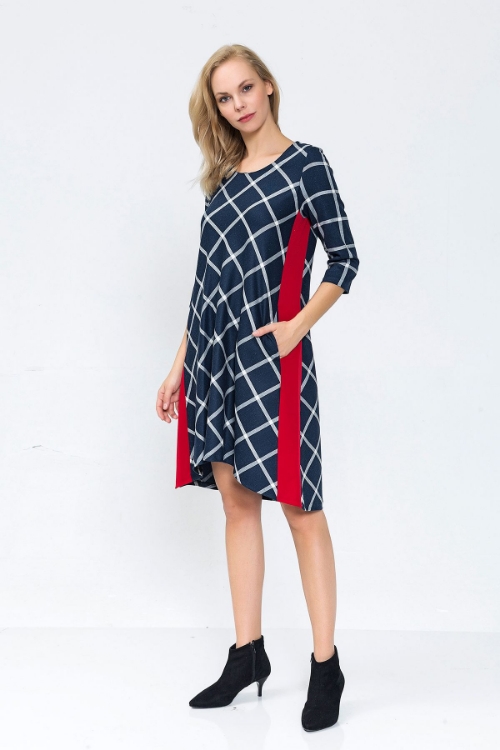 Picture of Woman Navy Navy Blue - White three quarter Trojan Sleeve Loose Daily Dress