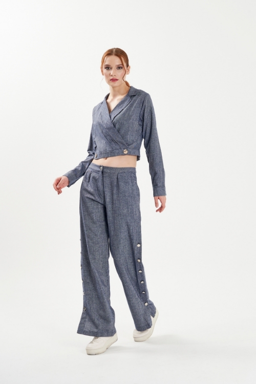 Kadın Lacivert Kruvaze Yaka Crop Bluz Pantolon Takım resmi