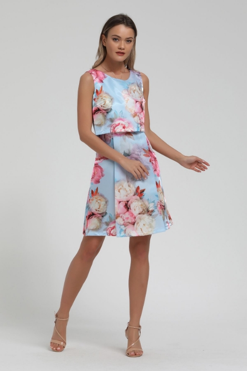 Picture of Woman Blue flower Patterned Sleevless Midi Dress