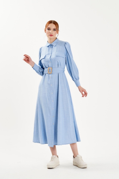 Picture of Woman Blue Linen Belted Long Maxi Shirt Dress