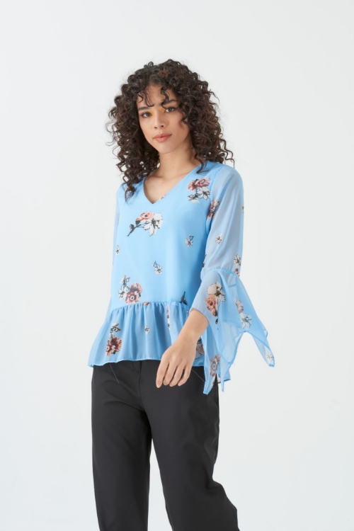 Picture of Woman Blue handles Ruffle V Neck Chiffon Blouse